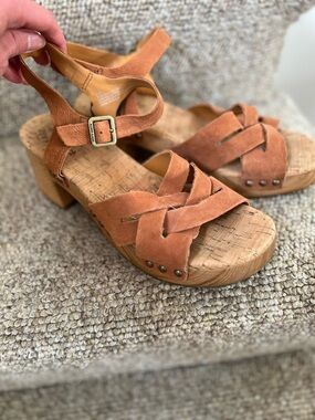 Kork-Ease Suede Rust/Tan Cork Platform Sandals with Ankle Buckle